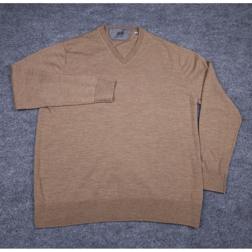 RAFFI Sweater Men's XL Beige Brown 100% Merino Wool V-Neck Soft